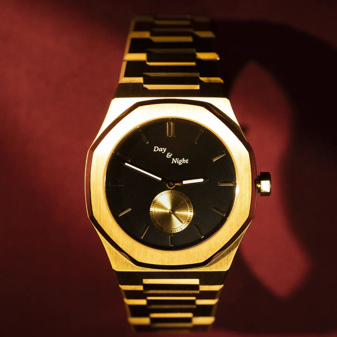 Tutankhamun-inspired Day & Night watch featuring gold, blue, and black royal design elements.