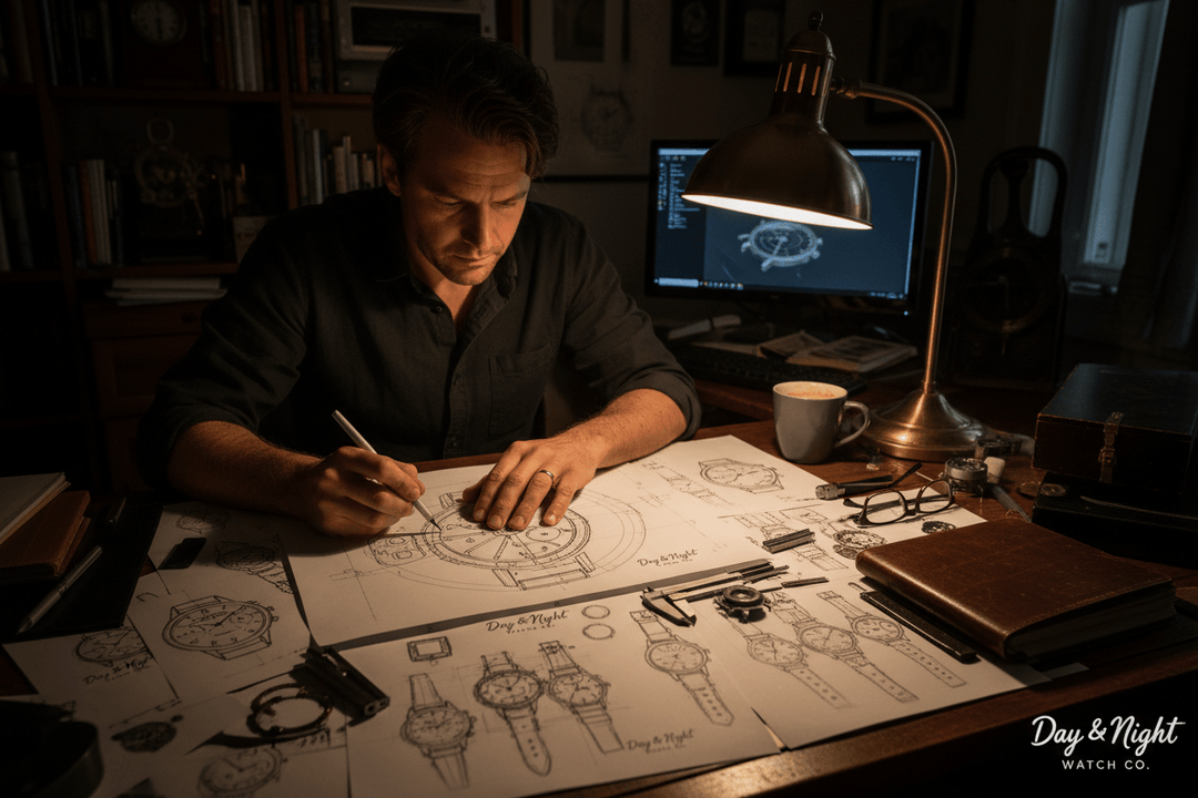 A man designing luxury watch concepts late at night in the Day & Night Watch Co. studio