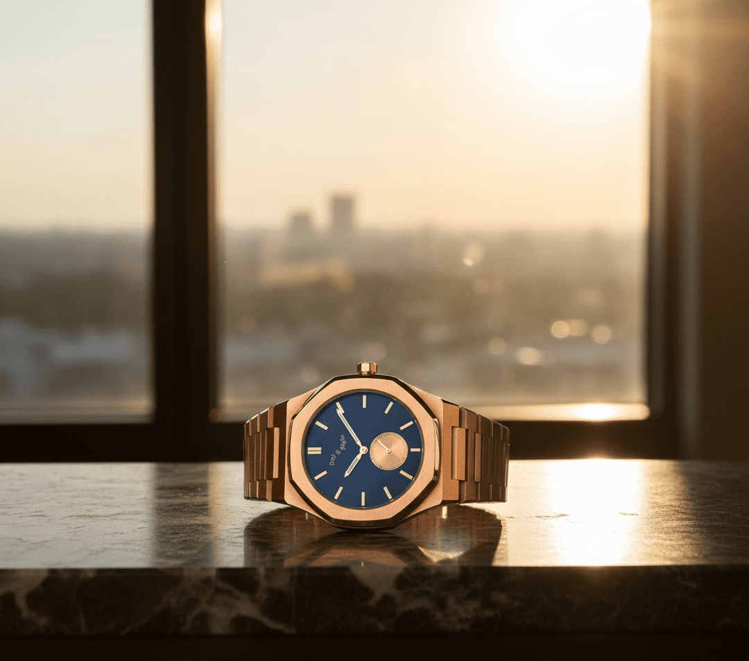 Djoser watch with stepped architectural design photographed upright