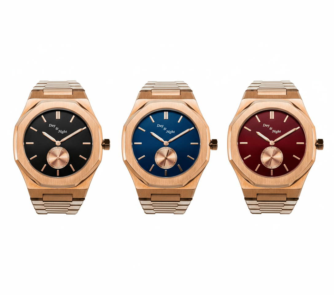 Three watches side by side showing black, blue, and red dial color variations.