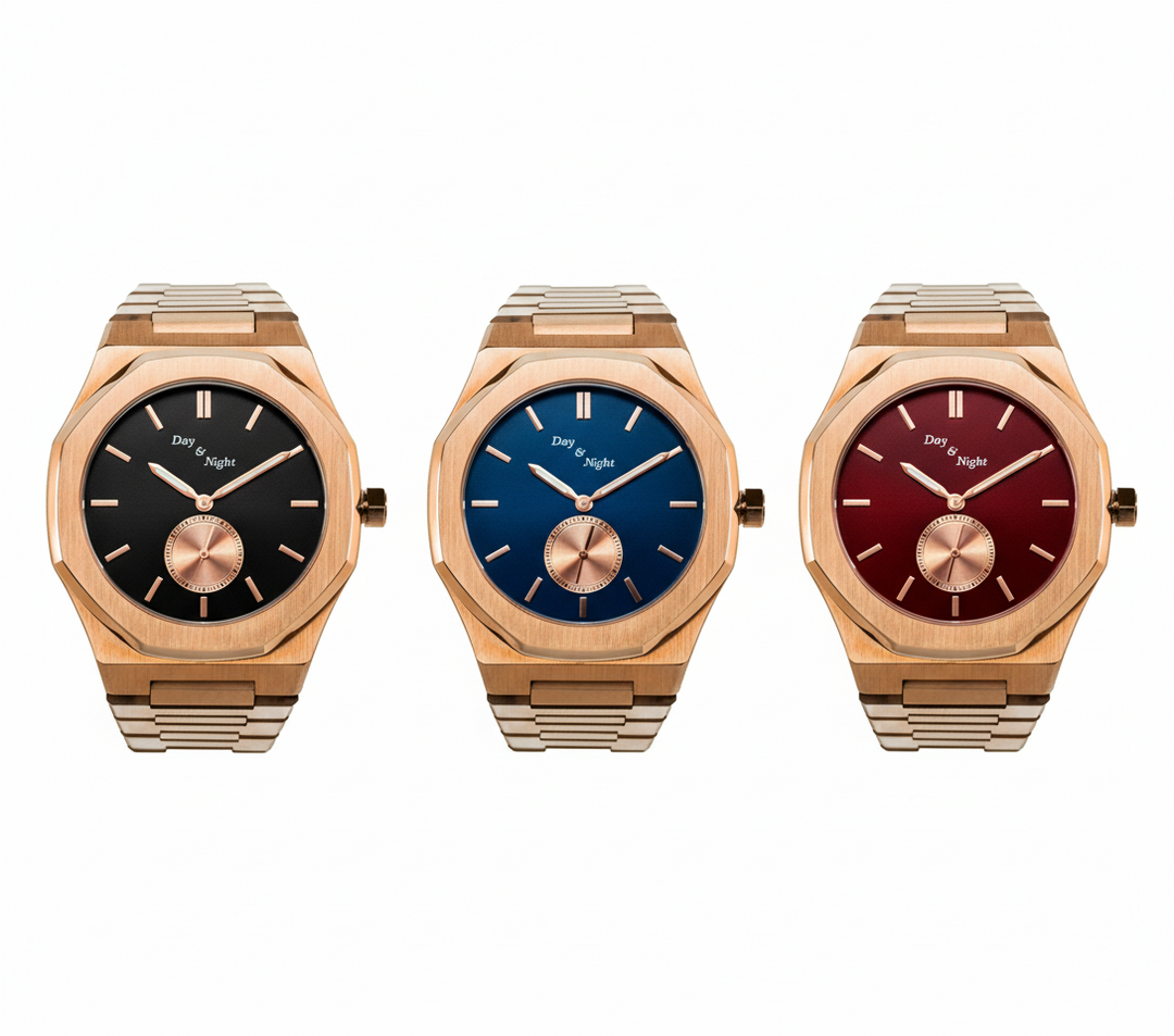 Three watches side by side showing black, blue, and red dial color variations.