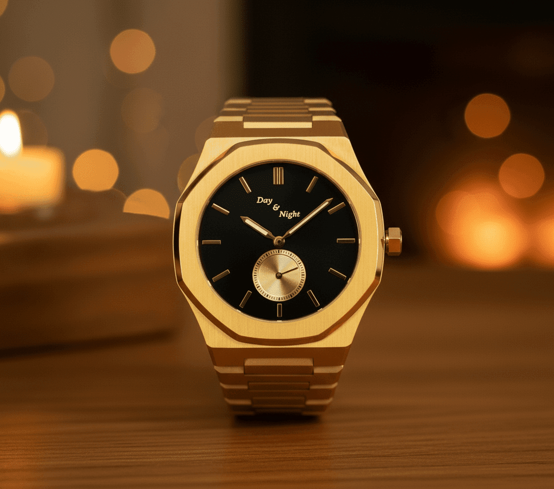 Day & Night watches displayed in warm holiday lighting representing gratitude and reflection.