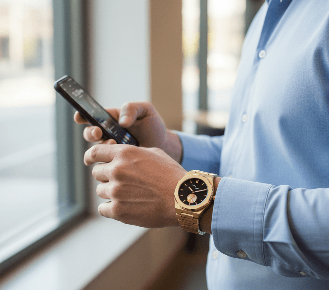 Man checking wristwatch while holding a smartphone, showing contrast of analog vs digital.