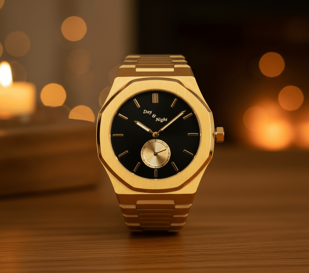 Day & Night watches displayed in warm holiday lighting representing gratitude and reflection.