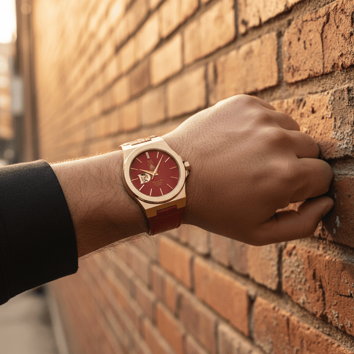 The Sango 878 Crimson Dawn red dial watch on stainless steel bracelet