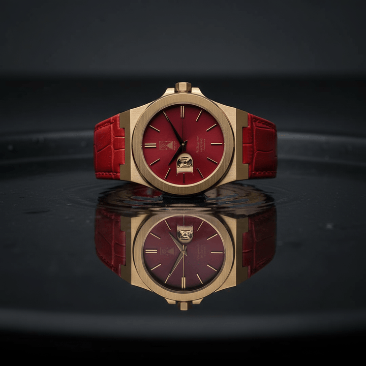 Day and Night Watch Co The Sango 878 Crimson Dawn with red dial and leather strap