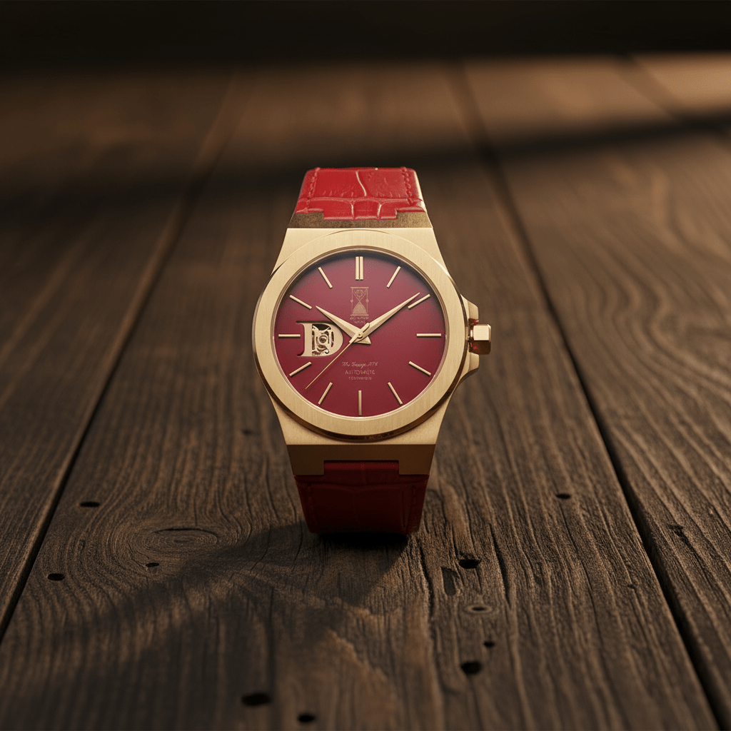 Day and Night Watch Co red dial leather strap automatic watch