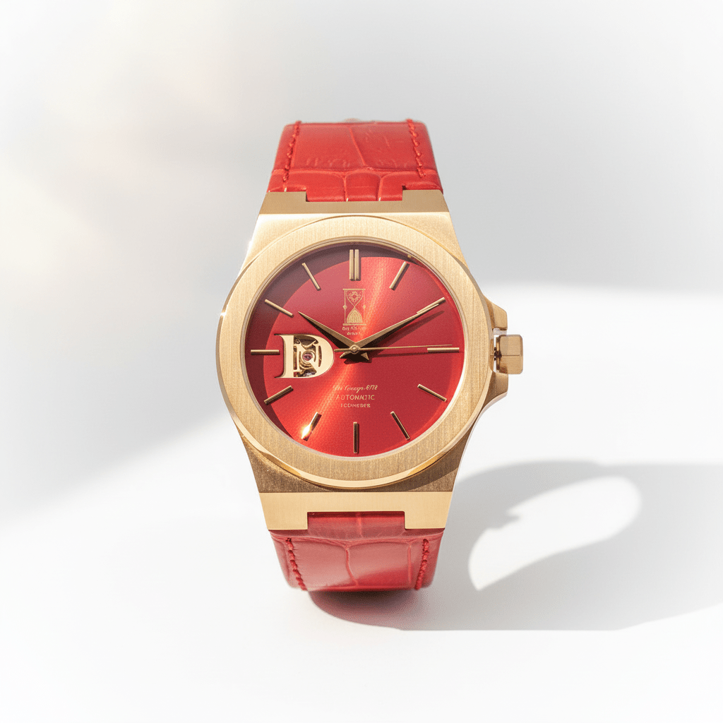 The Sango 878 Crimson Dawn automatic watch with red dial on leather strap