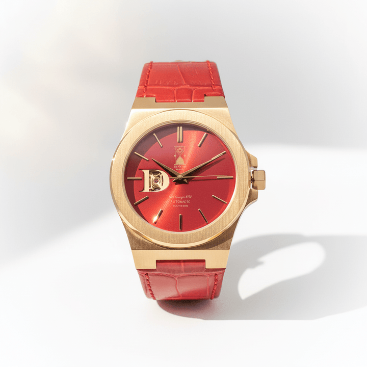 The Sango 878 Crimson Dawn automatic watch with red dial on leather strap