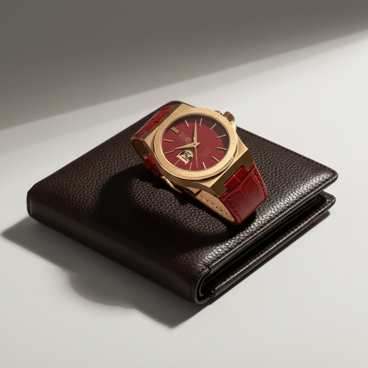 The Sango 878 Crimson Dawn automatic watch with red dial on leather strap