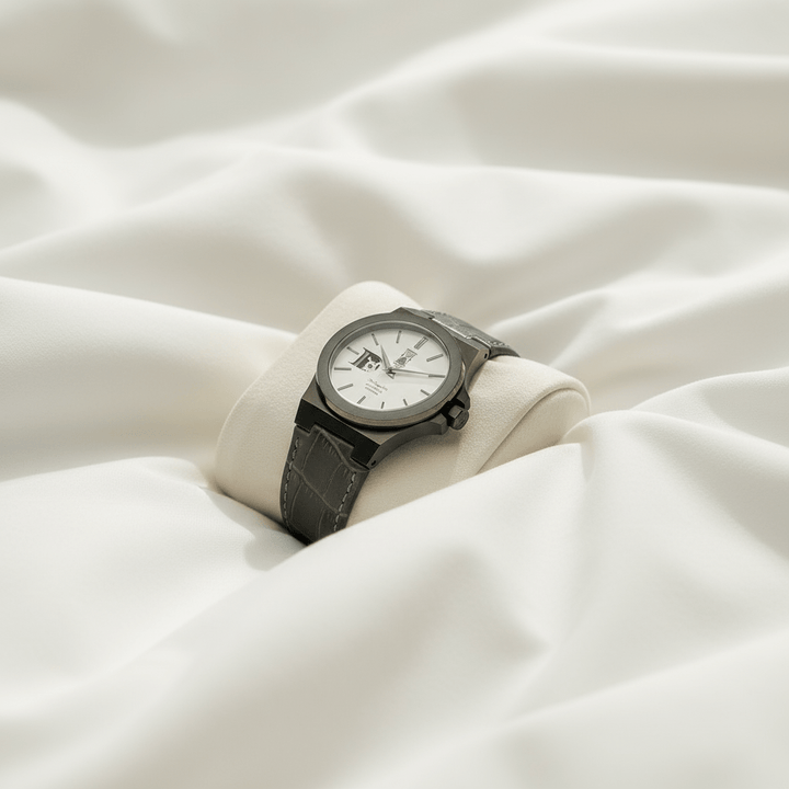 The Sango 878 Gunmetal Eclipse automatic watch with gunmetal gray dial on leather strap