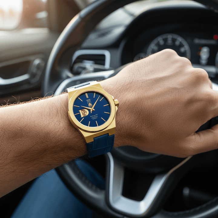 The Sango 878 Midnight Current automatic watch with blue dial on leather strap