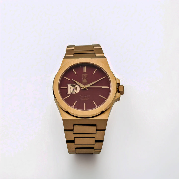 Crimson Dawn luxury automatic watch with red dial and steel bracelet