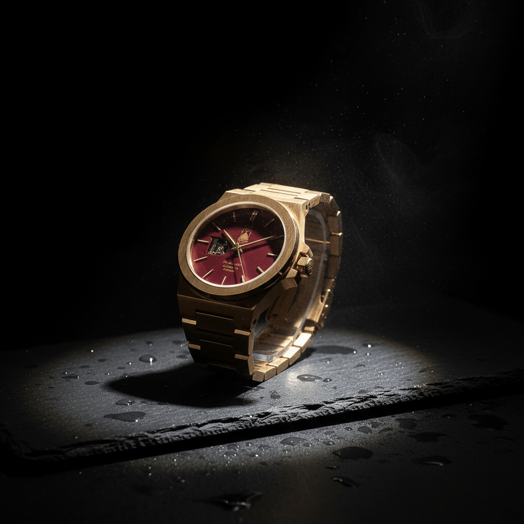 Crimson Dawn luxury automatic watch with red dial and steel bracelet