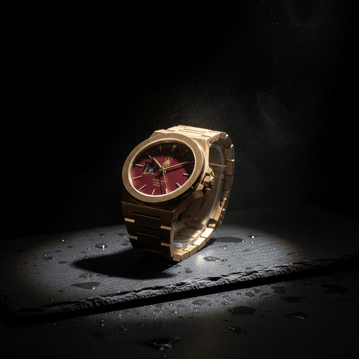 Crimson Dawn luxury automatic watch with red dial and steel bracelet