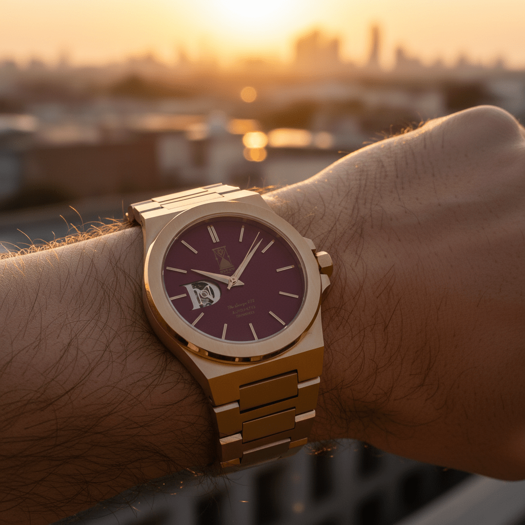 Day and Night Watch Co The Sango 878 Crimson Dawn automatic watch with red dial and stainless steel bracelet