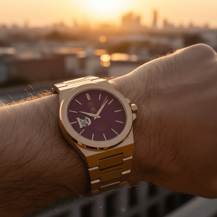 Day and Night Watch Co The Sango 878 Crimson Dawn automatic watch with red dial and stainless steel bracelet