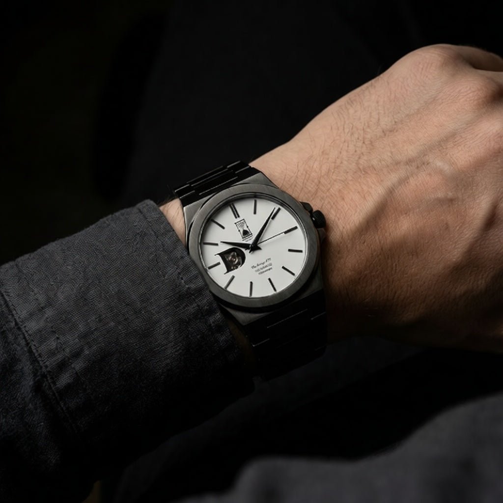 The Sango 878 Gunmetal Eclipse gunmetal dial watch on stainless steel bracelet