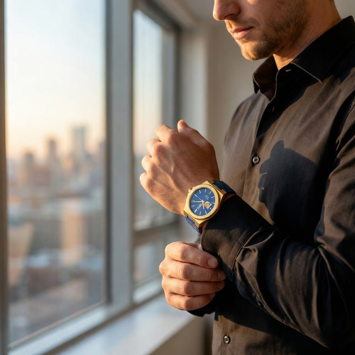 The Sango 878 Midnight Current automatic watch with blue dial on leather strap