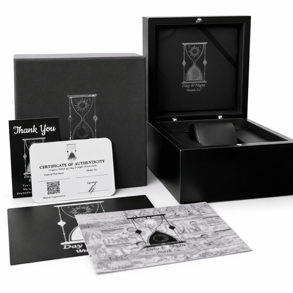 Black box with hourglass design, certificate of authenticity, and thank you card on a white background