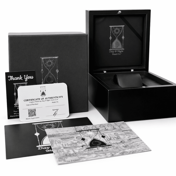 Black box with hourglass design, certificate of authenticity, and thank you card on a white background