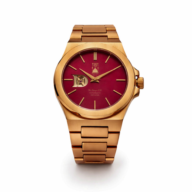 Crimson Dawn luxury automatic watch with red dial and steel bracelet