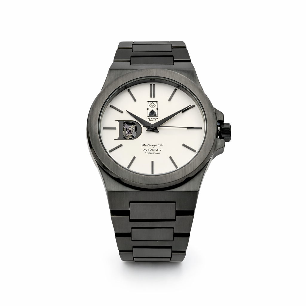 The Sango 878 Gunmetal Eclipse gunmetal dial watch on stainless steel bracelet