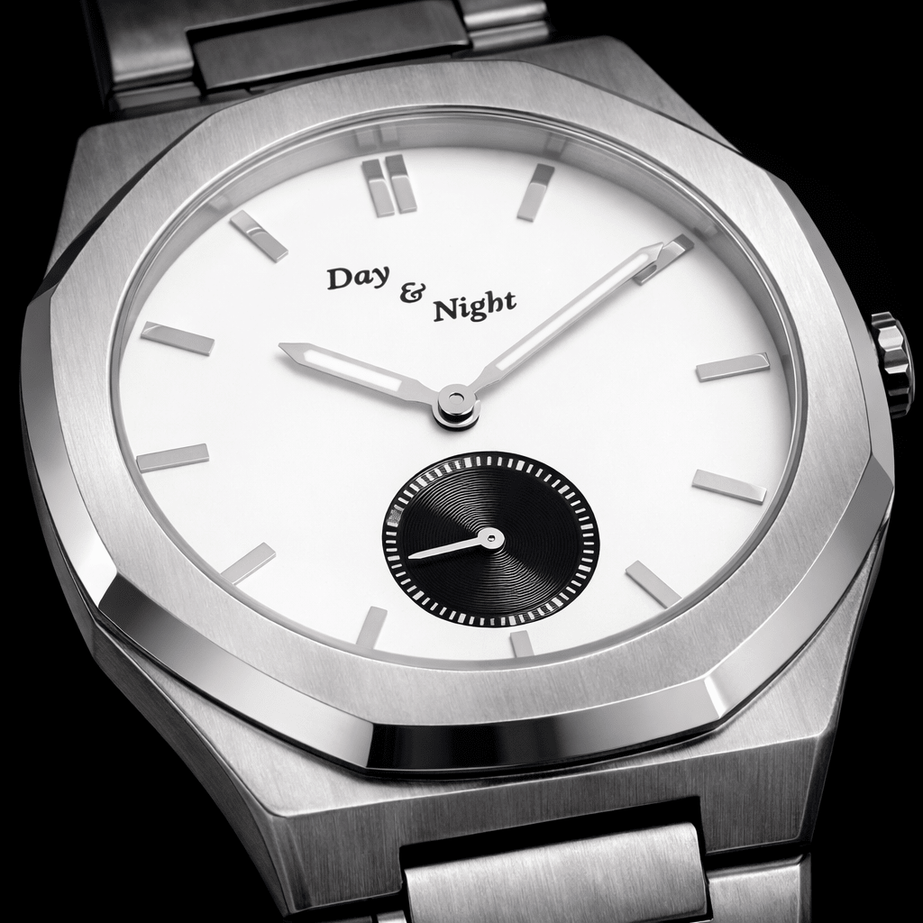 Day and Night Watch Co silver dial mens bracelet watch The Xerxes