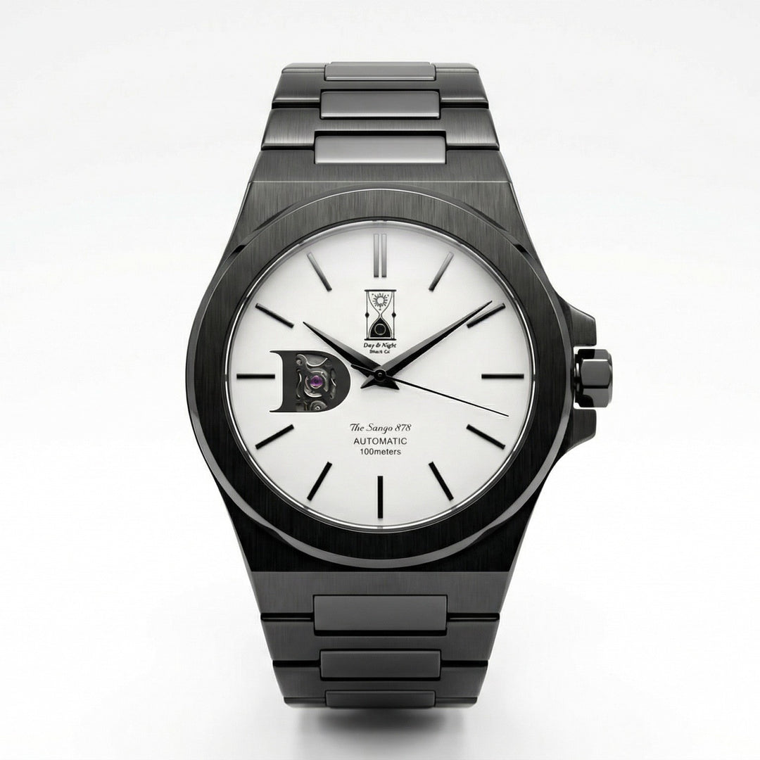 The Sango 878 Gunmetal Eclipse gunmetal dial watch on stainless steel bracelet