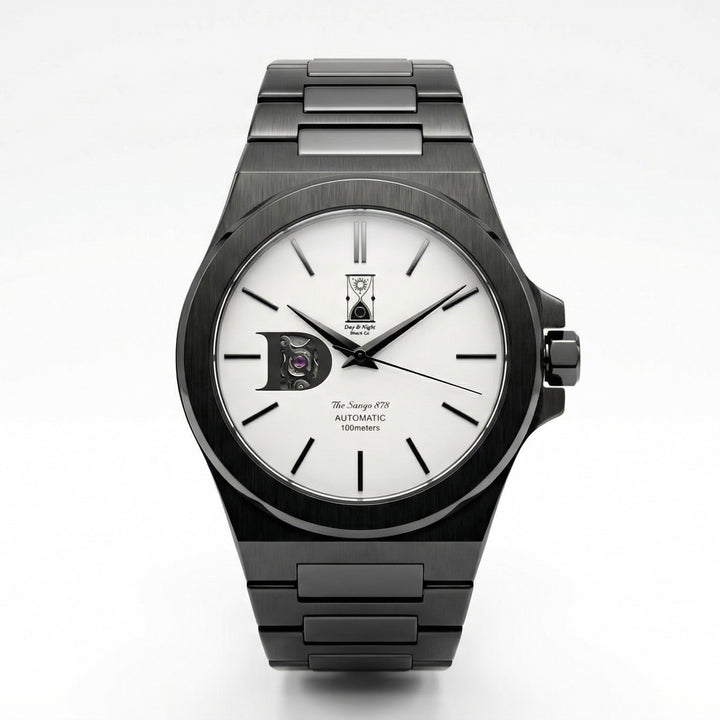 The Sango 878 Gunmetal Eclipse gunmetal dial watch on stainless steel bracelet