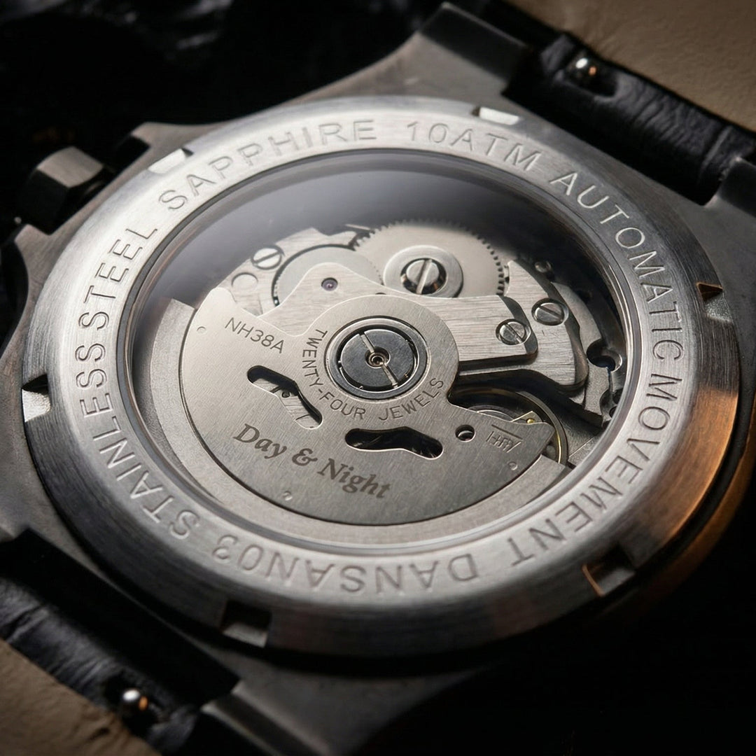 Close-up of a watch mechanism with 'Day & Night' branding on a dark background