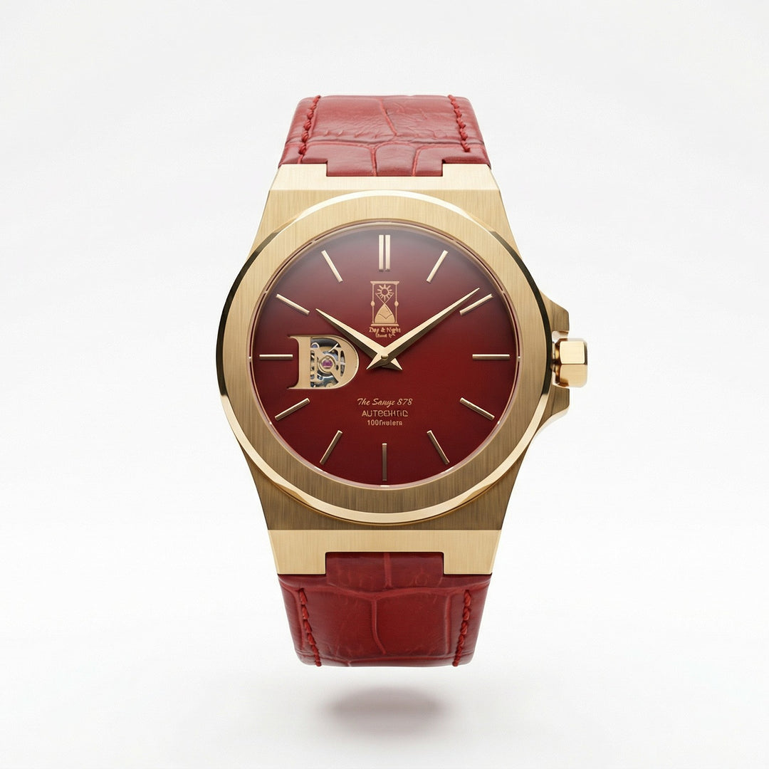 The Sango 878 Crimson Dawn automatic watch with red dial on leather strap