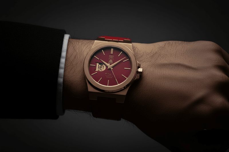 Crimson Dawn luxury automatic watch with red dial and steel bracelet