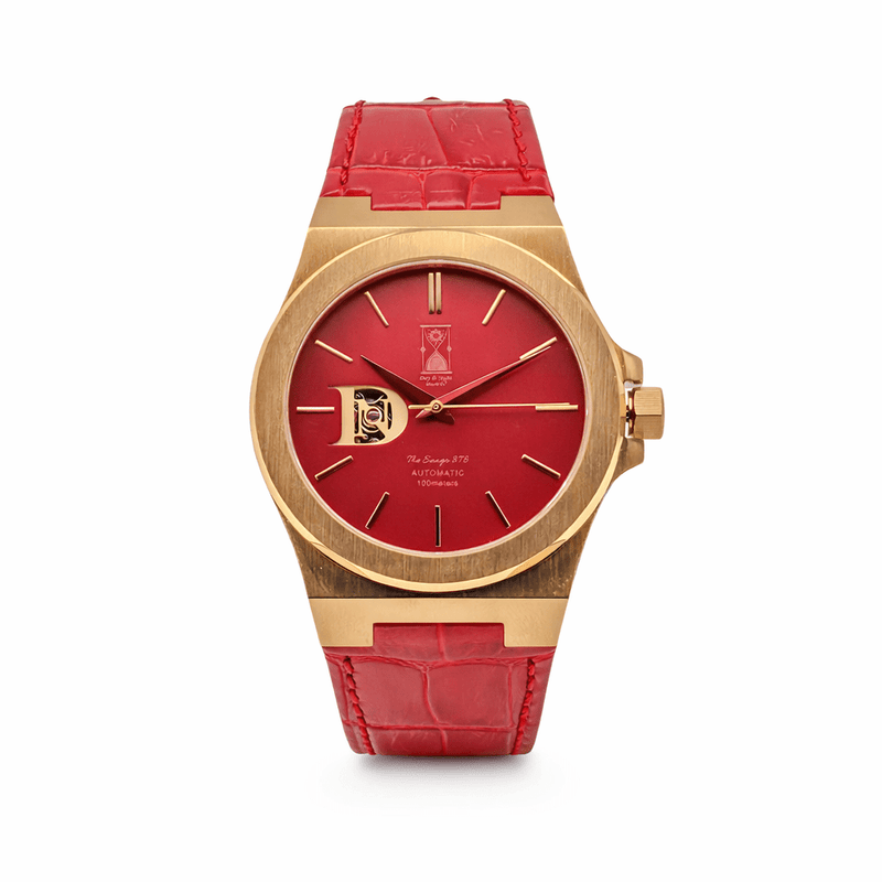 The Sango 878 Crimson Dawn automatic watch with red dial on leather strap