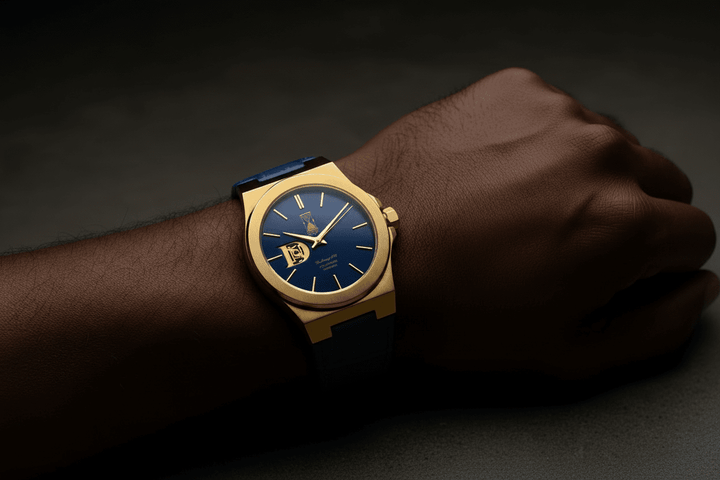 The Sango 878 Midnight Current automatic watch with blue dial on leather strap